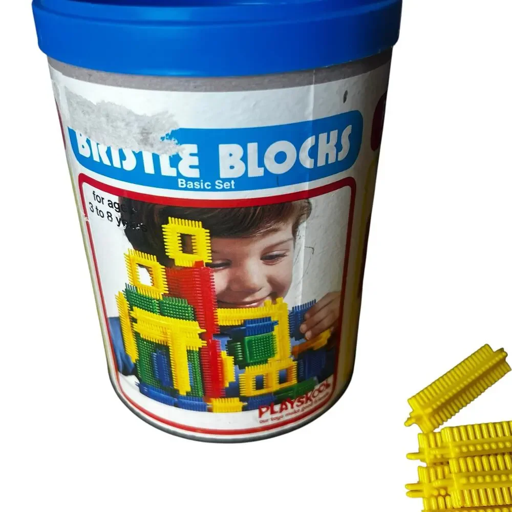 Vintage 1975 Playskool Bristle Blocks — Basic shapes Set in Original Tin